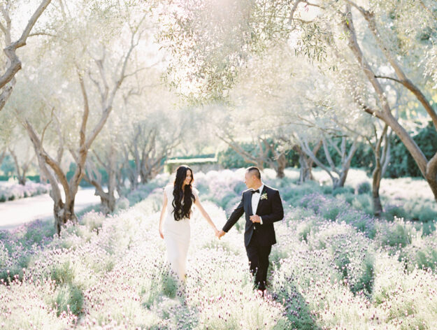 Bride and Groom in Lavender Field California Sunset