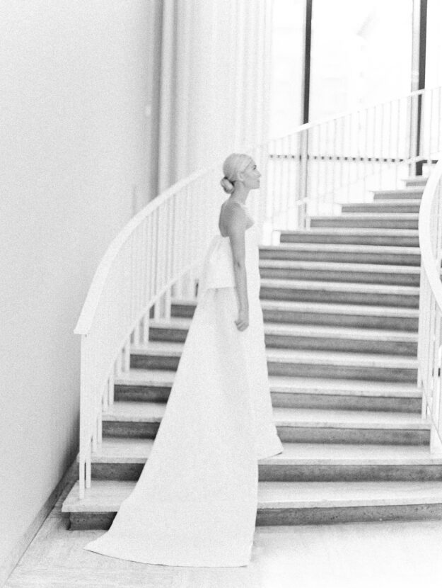 black and white Chicago Art Institute Staircase Bride Portrait 